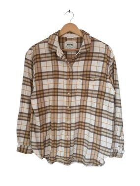 American Eagle Men's Plaid Flannel Button Down Shirt Cream Brown Mustard Size S
